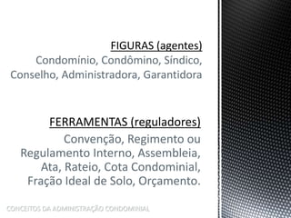 FERRAMENTAS (reguladores)
Convenção, Regimento ou
Regulamento Interno, Assembleia,
Ata, Rateio, Cota Condominial,
Fração Ideal de Solo, Orçamento.
FIGURAS (agentes)
Condomínio, Condômino, Síndico,
Conselho, Administradora, Garantidora
CONCEITOS DA ADMINISTRAÇÃO CONDOMINIAL
 