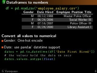1 Dataframes to numbers
df = pd.read csv(’employee_salary.csv’)
Gender Date Hired Employee Position Title
M 09/12/1988 Master Police Oﬃcer
F 06/26/2006 Social Worker III
M 07/16/2007 Police Oﬃcer III
F 01/26/2000 Library Assistant I
Convert all values to numerical
Gender: One-hot encode
Date: use pandas’ datetime support
d a t e s = pd. t o d a t e t i m e ( df [’Date First Hired ’])
# the values hold the data in secs
d a t e s . v a l u e s . a s t y p e (float)
G Varoquaux 6
 