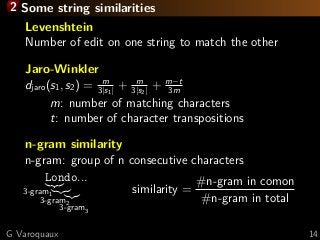 2 Some string similarities
Levenshtein
Number of edit on one string to match the other
Jaro-Winkler
djaro(s1, s2) = m
3|s1| + m
3|s2| + m−t
3m
m: number of matching characters
t: number of character transpositions
n-gram similarity
n-gram: group of n consecutive characters
3-gram1
L
3-gram2
on
3-gram3
do...
similarity =
#n-gram in comon
#n-gram in total
G Varoquaux 14
 