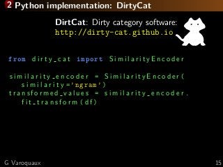 2 Python implementation: DirtyCat
DirtCat: Dirty category software:
http://dirty-cat.github.io
from d i r t y c a t import S i m i l a r i t y E n c o d e r
s i m i l a r i t y e n c o d e r = S i m i l a r i t y E n c o d e r (
s i m i l a r i t y =’ngram ’)
t r a n s f o r m e d v a l u e s = s i m i l a r i t y e n c o d e r .
f i t t r a n s f o r m ( df )
G Varoquaux 15
 