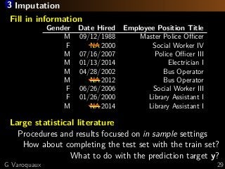 3 Imputation
Fill in information
Gender Date Hired Employee Position Title
M 09/12/1988 Master Police Oﬃcer
F NA–2000 Social Worker IV
M 07/16/2007 Police Oﬃcer III
M 01/13/2014 Electrician I
M 04/28/2002 Bus Operator
M NA–2012 Bus Operator
F 06/26/2006 Social Worker III
F 01/26/2000 Library Assistant I
M NA–2014 Library Assistant I
Large statistical literature
Procedures and results focused on in sample settings
How about completing the test set with the train set?
What to do with the prediction target y?
G Varoquaux 29
 