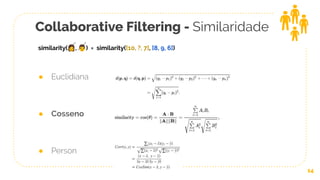 14
Collaborative Filtering - Similaridade
similarity(👩, 👨) = similarity([10, ?, 7], [8, 9, 6])
● Euclidiana
● Cosseno
● Person
 