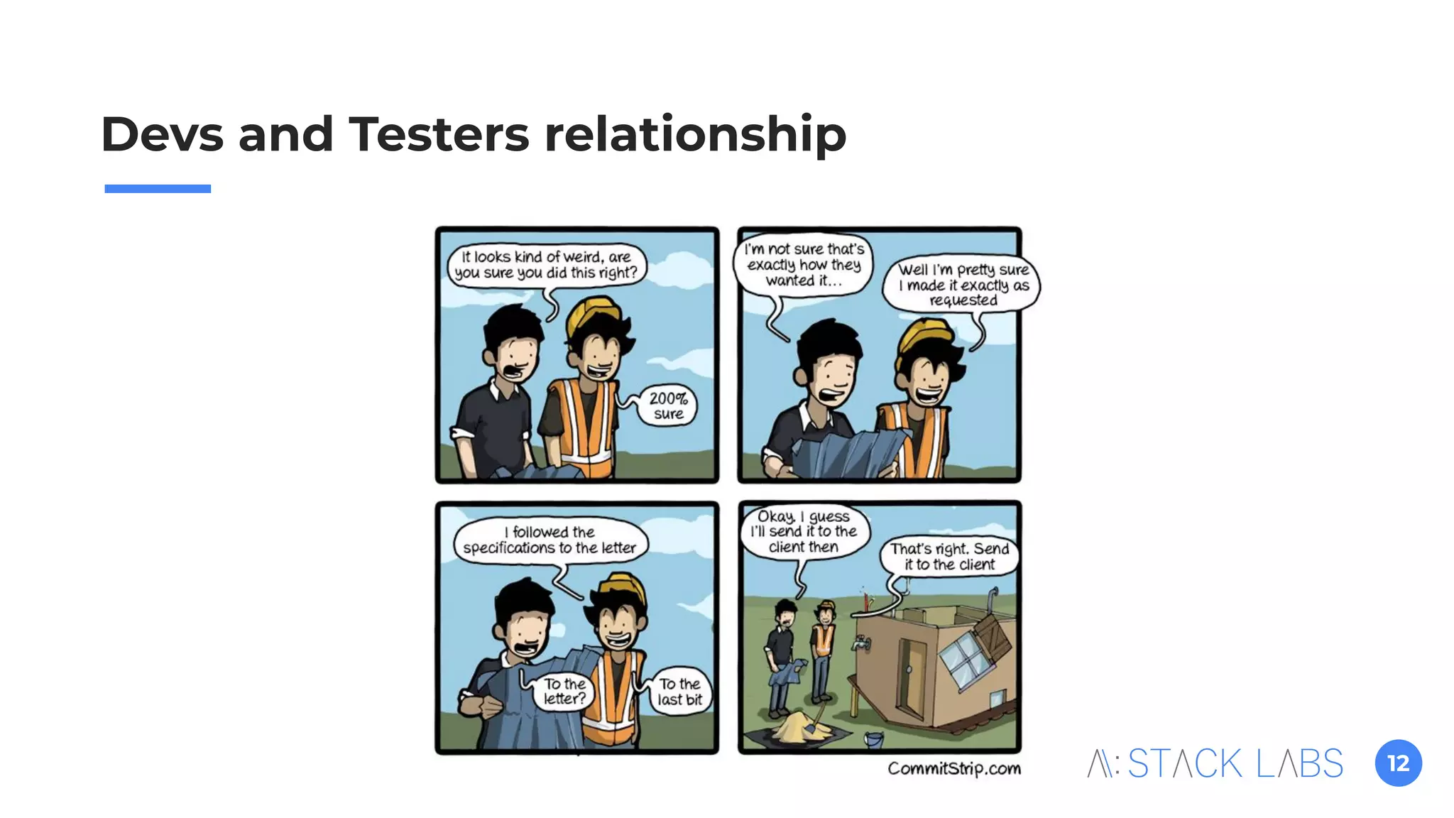 12
Devs and Testers relationship
 