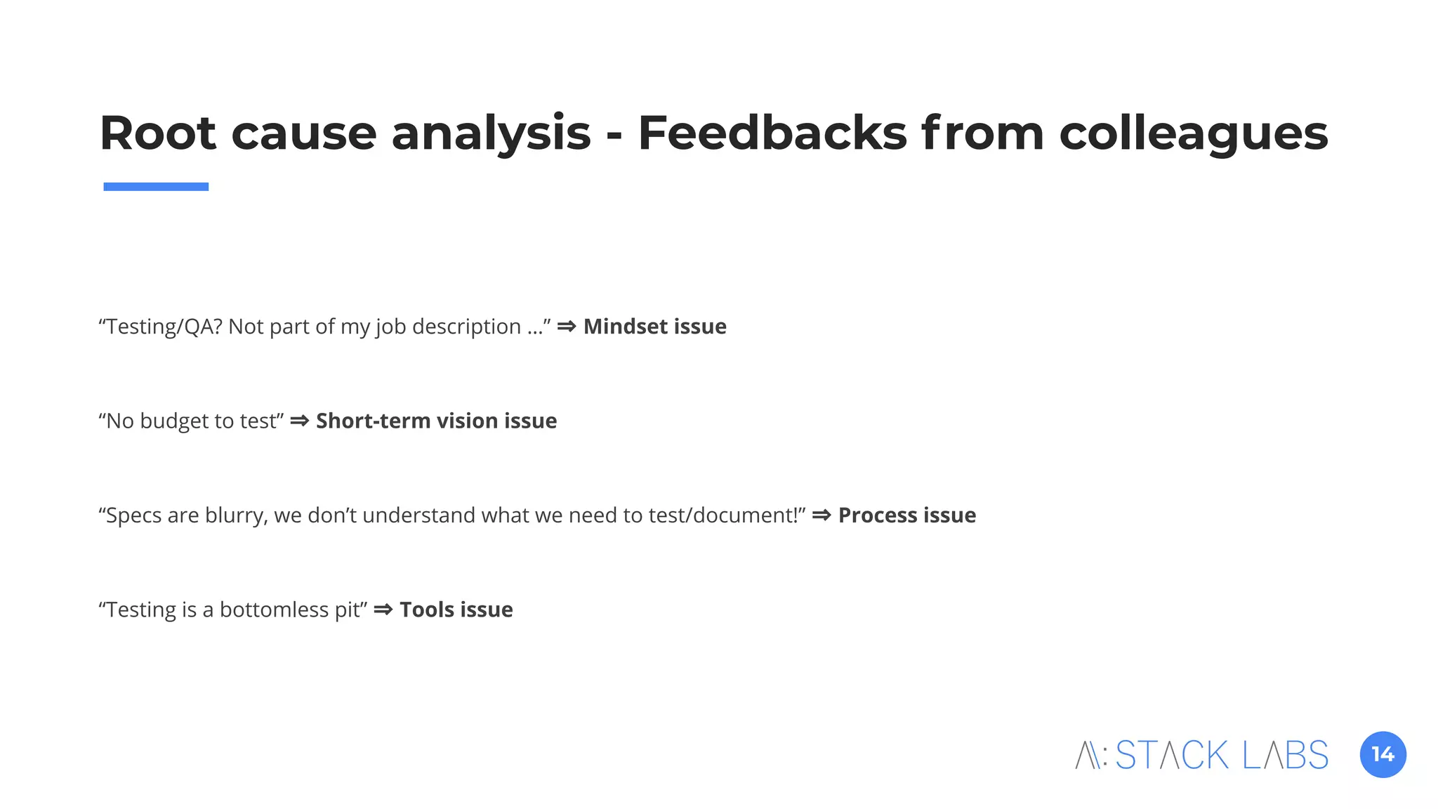 14
Root cause analysis - Feedbacks from colleagues
“Testing/QA? Not part of my job description …” ⇒ Mindset issue
“No budget to test” ⇒ Short-term vision issue
“Specs are blurry, we don’t understand what we need to test/document!” ⇒ Process issue
“Testing is a bottomless pit” ⇒ Tools issue
 