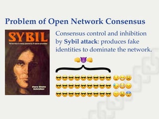 Problem of Open Network Consensus
Consensus control and inhibition
by Sybil attack: produces fake
identities to dominate the network.
 