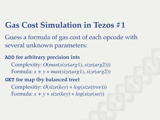 Gas Cost Simulation in Tezos #1
Guess a formula of gas cost of each opcode with
several unknown parameters:
ADD for arbitrary precision ints
Complexitiy:
Formula:
GET for map (by balanced tree)
Complexitiy:
Formula:
O(max(size(arg1), size(arg2)))
x + y ∗ max(size(arg1), size(arg2))
O(size(key) ∗ log(size(tree)))
x + y ∗ size(key) ∗ log(size(set))
 