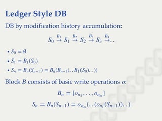 Ledger Style DB
DB by modiﬁcation history accumulation:
Block consists of basic write operations :
. .S0 →
B1
S1 →
B2
S2 →
B3
S3 →
B4
= ∅S0
= ( )S1 B1 S0
= ( ) = ( (. . ( ). . ))Sn Bn Sn−1 Bn Bn−1 B1 S0
B o
= [ , . . , ]Bn on1
onm
= ( ) = (. . ( ( )). . )Sn Bn Sn−1 onm
on1
Sn−1
 