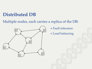 Distributed DB
Multiple nodes, each carries a replica of the DB:
Fault tolerance
Load balancing
 