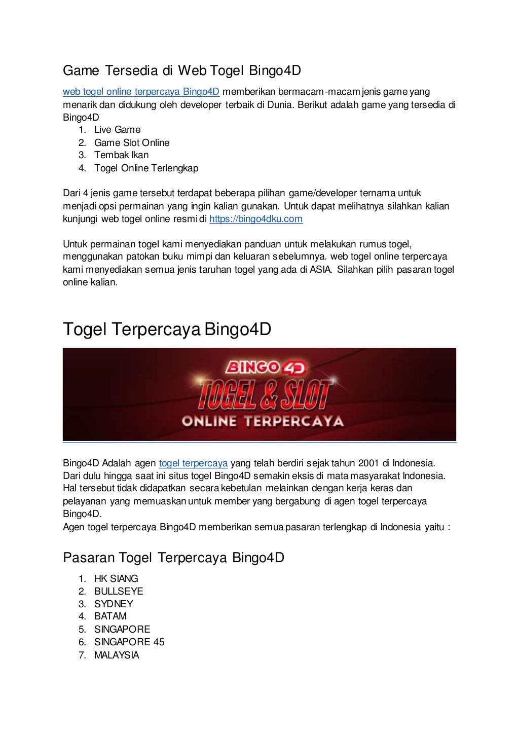 Agen Togel Online Terpercaya Bingo4D