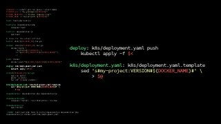 VERSION := $(shell git rev-parse --short HEAD)
PACKAGE_ID := “my_package-${VERSION}"
DOCKER_REGISTRY := "docker.company.com/"
DOCKER_NAME := "my-project:${VERSION}"
test: test-php test-js
test-php: dependencies-php
composer test
test-js: dependencies-js
npm test
# alias for the actual Artifact
build: dist/${PACKAGE_ID}.tar.gz
docker: dist/${PACKAGE_ID}.tar.gz
docker build 
--build-arg PACKAGE=$< 
-t "${DOCKER_REGISTRY}${DOCKER_NAME}" 
./
push: docker
docker push "${DOCKER_REGISTRY}${DOCKER_NAME}"
deploy: k8s/deployment.yaml push
kubectl apply -f $<
dist/${PACKAGE_ID}.tar.gz:
npm run build
mkdir -p dist/
tar czf $@ web/ vendor/
k8s/deployment.yaml: k8s/deployment.yaml.template
sed 's#my-project:VERSION#${DOCKER_NAME}#' 
> $@
dependencies: dependencies-php dependencies-js
dependencies-php:
composer install --no-interaction --no-dev
dependencies-js:
npm install
.PHONY: test test-php test-js build dependencies dependencies-php
dependencies-js docker push k8s/deployment.yaml
deploy: k8s/deployment.yaml push
kubectl apply -f $<
k8s/deployment.yaml: k8s/deployment.yaml.template
sed 's#my-project:VERSION#${DOCKER_NAME}#' 
> $@
 