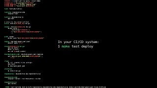 VERSION := $(shell git rev-parse --short HEAD)
PACKAGE_ID := “my_package-${VERSION}"
DOCKER_REGISTRY := "docker.company.com/"
DOCKER_NAME := "my-project:${VERSION}"
test: test-php test-js
test-php: dependencies-php
composer test
test-js: dependencies-js
npm test
# alias for the actual Artifact
build: dist/${PACKAGE_ID}.tar.gz
docker: dist/${PACKAGE_ID}.tar.gz
docker build 
--build-arg PACKAGE=$< 
-t "${DOCKER_REGISTRY}${DOCKER_NAME}" 
./
push: docker
docker push "${DOCKER_REGISTRY}${DOCKER_NAME}"
deploy: k8s/deployment.yaml push
kubectl apply -f $<
dist/${PACKAGE_ID}.tar.gz:
npm run build
mkdir -p dist/
tar czf $@ web/ vendor/
k8s/deployment.yaml: k8s/deployment.yaml.template
sed 's#my-project:VERSION#${DOCKER_NAME}#' 
> $@
clean:
rm -rf ./vendor/ # php packages
npm clean
rm k8s/deployment.yaml
distclean:
rm dist/*.tar.gz
dependencies: dependencies-php dependencies-js
dependencies-php:
composer install --no-interaction --no-dev
dependencies-js:
npm install
.PHONY: test test-php test-js build dependencies dependencies-php dependencies-js docker push k8s/deployment.yaml clean distclean
In your CI/CD system:
$ make test deploy
 