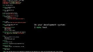 VERSION := $(shell git rev-parse --short HEAD)
PACKAGE_ID := “my_package-${VERSION}"
DOCKER_REGISTRY := "docker.company.com/"
DOCKER_NAME := "my-project:${VERSION}"
test: test-php test-js
test-php: dependencies-php
composer test
test-js: dependencies-js
npm test
# alias for the actual Artifact
build: dist/${PACKAGE_ID}.tar.gz
docker: dist/${PACKAGE_ID}.tar.gz
docker build 
--build-arg PACKAGE=$< 
-t "${DOCKER_REGISTRY}${DOCKER_NAME}" 
./
push: docker
docker push "${DOCKER_REGISTRY}${DOCKER_NAME}"
deploy: k8s/deployment.yaml push
kubectl apply -f $<
dist/${PACKAGE_ID}.tar.gz:
npm run build
mkdir -p dist/
tar czf $@ web/ vendor/
k8s/deployment.yaml: k8s/deployment.yaml.template
sed 's#my-project:VERSION#${DOCKER_NAME}#' 
> $@
clean:
rm -rf ./vendor/ # php packages
npm clean
rm k8s/deployment.yaml
distclean:
rm dist/*.tar.gz
dependencies: dependencies-php dependencies-js
dependencies-php:
composer install --no-interaction --no-dev
dependencies-js:
npm install
.PHONY: test test-php test-js build dependencies dependencies-php dependencies-js docker push k8s/deployment.yaml clean distclean
On your development system:
$ make test
 