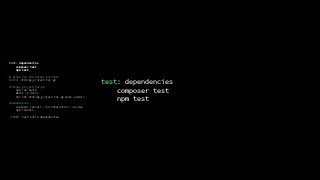 test: dependencies
composer test
npm test
# alias for the actual Artifact
build: dist/my_project.tar.gz
dist/my_project.tar.gz:
npm run build
mkdir -p dist/
tar czf dist/my_project.tar.gz web/ vendor/
dependencies:
composer install --no-interaction --no-dev
npm install
.PHONY: test build dependencies
test: dependencies
composer test
npm test
 