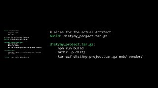 test: dependencies
composer test
npm test
# alias for the actual Artifact
build: dist/my_project.tar.gz
dist/my_project.tar.gz:
npm run build
mkdir -p dist/
tar czf dist/my_project.tar.gz web/ vendor/
dependencies:
composer install --no-interaction --no-dev
npm install
.PHONY: test build dependencies
# alias for the actual Artifact
build: dist/my_project.tar.gz
dist/my_project.tar.gz:
npm run build
mkdir -p dist/
tar czf dist/my_project.tar.gz web/ vendor/
 