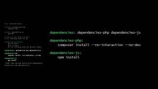 test: test-php test-js
test-php: dependencies-php
composer test
test-js: dependencies-js
npm test
# alias for the actual Artifact
build: dist/my_project.tar.gz
dist/my_project.tar.gz:
npm run build
mkdir -p dist/
tar czf dist/my_project.tar.gz web/ vendor/
dependencies: dependencies-php dependencies-js
dependencies-php:
composer install --no-interaction --no-dev
dependencies-js:
npm install
.PHONY: test test-php test-js build dependencies
dependencies-php dependencies-js
dependencies: dependencies-php dependencies-js
dependencies-php:
composer install --no-interaction --no-dev
dependencies-js:
npm install
 