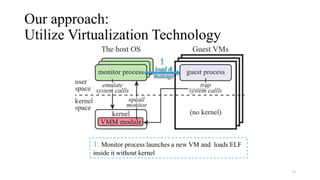 Our approach:
Utilize Virtualization Technology
15
1. Monitor process launches a new VM and loads ELF
inside it without kernel
 