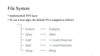 File System
• Implemented VFS layer
• To run Linux apps, the default FS is mapped as follows
30
/
/usr
/etc
/Users
/dev
/tmp
/Users
/dev
~/.noah/tree/usr
~/.noah/tree/etc
/tmp
 