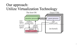 Our approach:
Utilize Virtualization Technology
14
 