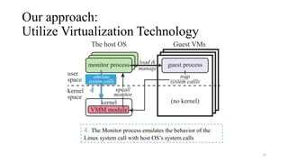 Our approach:
Utilize Virtualization Technology
18
4. The Monitor process emulates the behavior of the
Linux system call with host OS’s system calls
 