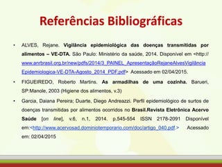 Referências Bibliográficas
• ALVES, Rejane. Vigilância epidemiológica das doenças transmitidas por
alimentos – VE-DTA. São Paulo: Ministério da saúde, 2014. Disponível em <http://
www.anrbrasil.org.br/new/pdfs/2014/3_PAINEL_ApresentaçãoRejaneAlvesVigilância
Epidemiologica-VE-DTA-Agosto_2014_PDF.pdf> Acessado em 02/04/2015.
• FIGUEIREDO, Roberto Martins. As armadilhas de uma cozinha. Barueri,
SP:Manole, 2003 (Higiene dos alimentos, v.3)
• Garcia, Daiana Pereira; Duarte, Diego Andreazzi. Perfil epidemiológico de surtos de
doenças transmitidas por alimentos ocorridos no Brasil.Revista Eletrônica Acervo
Saúde [on line], v.6, n.1, 2014. p.545-554 ISSN 2178-2091 Disponível
em:<http://www.acervosad.dominiotemporario.com/doc/artigo_040.pdf.> Acessado
em: 02/04/2015
 