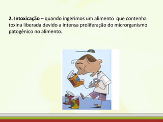 2. Intoxicação – quando ingerimos um alimento que contenha
toxina liberada devido a intensa proliferação do microrganismo
patogênico no alimento.
 
