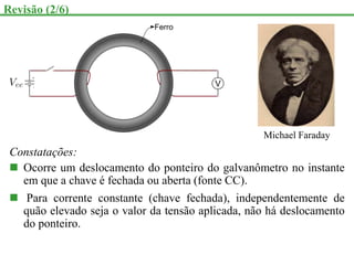 Revisão (2/6)
Constatações:
 Ocorre um deslocamento do ponteiro do galvanômetro no instante
em que a chave é fechada ou aberta (fonte CC).
 Para corrente constante (chave fechada), independentemente de
quão elevado seja o valor da tensão aplicada, não há deslocamento
do ponteiro.
Michael Faraday
 