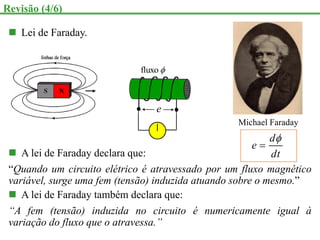  Lei de Faraday.
e

fluxo
Revisão (4/6)
Michael Faraday
 A lei de Faraday declara que:
“Quando um circuito elétrico é atravessado por um fluxo magnético
variável, surge uma fem (tensão) induzida atuando sobre o mesmo.”
 A lei de Faraday também declara que:
“A fem (tensão) induzida no circuito é numericamente igual à
variação do fluxo que o atravessa.”
dt
d
e


 