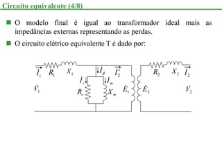  O modelo final é igual ao transformador ideal mais as
impedâncias externas representando as perdas.
 O circuito elétrico equivalente T é dado por:
c
R m
X

I

m
I

c
I

2
I

1
I

2
E

2
R 2
I

2
V

1
V

1
E

Circuito equivalente (4/8)
1
R 1
X 2
X
 
