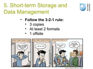5. Short-term Storage and
Data Management
• Follow the 3-2-1 rule:
• 3 copies
• At least 2 formats
• 1 offsite
 
