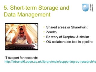 • Shared areas or SharePoint
• Zendto
• Be wary of Dropbox & similar
• OU collaboration tool in pipeline
IT support for research:
http://intranet6.open.ac.uk/library/main/supporting-ou-research/re
5. Short-term Storage and
Data Management
 
