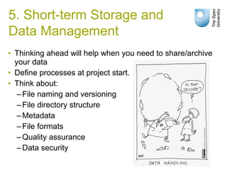 • Thinking ahead will help when you need to share/archive
your data
• Define processes at project start.
• Think about:
–File naming and versioning
–File directory structure
–Metadata
–File formats
–Quality assurance
–Data security
5. Short-term Storage and
Data Management
 