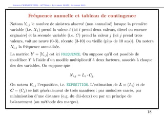 Arthur CHARPENTIER - ACT2040 - Actuariat IARD - Automne 2013
Fréquence annuelle et tableau de contingence
Notons Yi,j le nombre de sinistres observé (non annualisé) lorsque la première
variable (i.e. X1) prend la valeur i (ici i prend deux valeurs, diesel ou essence
orginaire) et la seconde variable (i.e. C) prend la valeur j (ici j prend trois
valeurs, voiture neuve (0-3), récente (3-10) ou vieille (plus de 10 ans)). On notera
Ni,j la fréquence annualisée.
La matrice Y = [Yi,j] est ici FREQUENCE. On suppose qu’il est possible de
modéliser Y à l’aide d’un modèle multiplicatif à deux facteurs, associés à chaque
des des variables. On suppose que
Ni,j = Li · Cj.
On notera Ei,j l’exposition, i.e. EXPOSITION. L’estimation de L = (Li) et de
C = (Cj) se fait généralement de trois manières : par moindres carrés, par
minimisation d’une distance (e.g. du chi-deux) ou par un principe de
balancement (ou méthode des marges).
18
 