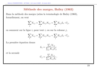 Arthur CHARPENTIER - ACT2040 - Actuariat IARD - Automne 2013
Méthode des marges, Bailey (1963)
Dans la méthode des marges (selon la terminologie de Bailey (1963),
formellement, on veut
j
Yi,j =
j
Ei,jNi,j =
j
Ei,jLi · Cj,
en somment sur la ligne i, pour tout i, ou sur la colonne j,
i
Yi,j =
i
Ei,jNi,j =
i
Ei,jLi · Cj,
La première équation donne
Li =
j Yi,j
j Ei,jCj
et la seconde
Cj = i Yi,j
i Ei,jLi
.
19
 