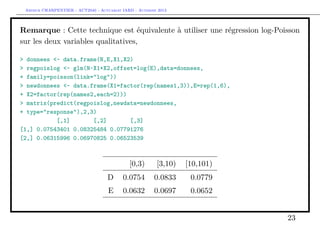 Arthur CHARPENTIER - ACT2040 - Actuariat IARD - Automne 2013
Remarque : Cette technique est équivalente à utiliser une régression log-Poisson
sur les deux variables qualitatives,
> donnees <- data.frame(N,E,X1,X2)
> regpoislog <- glm(N~X1+X2,offset=log(E),data=donnees,
+ family=poisson(link="log"))
> newdonnees <- data.frame(X1=factor(rep(names1,3)),E=rep(1,6),
+ X2=factor(rep(names2,each=2)))
> matrix(predict(regpoislog,newdata=newdonnees,
+ type="response"),2,3)
[,1] [,2] [,3]
[1,] 0.07543401 0.08325484 0.07791276
[2,] 0.06315996 0.06970825 0.06523539
[0,3) [3,10) [10,101)
D 0.0754 0.0833 0.0779
E 0.0632 0.0697 0.0652
23
 