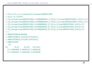 Arthur CHARPENTIER - ACT2040 - Actuariat IARD - Automne 2013
> C[1,]=c(1,1,1);colnames(C)=colnames(EXPOSITION)
> for(j in 2:100){
+ L[j,1]=sqrt(sum(EXPOSITION[1,]*FREQUENCE[1,]^2/C[j-1,])/sum(EXPOSITION[1,]*C[j-1,]))
+ L[j,2]=sqrt(sum(EXPOSITION[2,]*FREQUENCE[2,]^2/C[j-1,])/sum(POPULATION[2,]*C[j-1,]))
+ C[j,1]=sqrt(sum(EXPOSITION[,1]*FREQUENCE[,1]^2/L[j,])/sum(EXPOSITION[,1]*L[j,]))
+ C[j,2]=sqrt(sum(EXPOSITION[,2]*FREQUENCE[,2]^2/L[j,])/sum(EXPOSITION[,2]*L[j,]))
+ C[j,3]=sqrt(sum(EXPOSITION[,3]*FREQUENCE[,3]^2/L[j,])/sum(EXPOSITION[,3]*L[j,]))
+ }
> PREDICTION3=SINISTRE
> PREDICTION3[1,]=L[100,1]*C[100,]
> PREDICTION3[2,]=L[100,2]*C[100,]
> PREDICTION3
X2
X1 [0,3) [3,10) [10,101)
D 0.08556959 0.09529172 0.09358149
E 0.05254307 0.05851284 0.05746269
28
 
