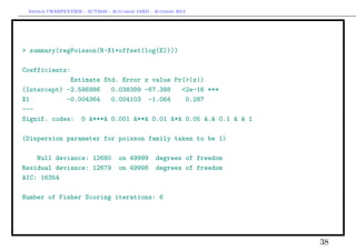 Arthur CHARPENTIER - ACT2040 - Actuariat IARD - Automne 2013
> summary(regPoisson(N~X1+offset(log(E))))
Coefficients:
Estimate Std. Error z value Pr(>|z|)
(Intercept) -2.586986 0.038389 -67.388 <2e-16 ***
X1 -0.004364 0.004103 -1.064 0.287
---
Signif. codes: 0 â***â 0.001 â**â 0.01 â*â 0.05 â.â 0.1 â â 1
(Dispersion parameter for poisson family taken to be 1)
Null deviance: 12680 on 49999 degrees of freedom
Residual deviance: 12679 on 49998 degrees of freedom
AIC: 16354
Number of Fisher Scoring iterations: 6
38
 