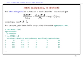 Arthur CHARPENTIER - ACT2040 - Actuariat IARD - Automne 2013
Eﬀets marginaux, et élasticité
Les eﬀets marginaux de la variable k pour l’individu i sont donnés par
∂E(Yi|Xi)
∂Xi,k
=
∂ exp[Xiβ]
∂Xk
= exp[Xiβ] · βk
estimés pas exp[Xiβ] · βk
Par exemple, pour avoir l’eﬀet marginal de la variable ageconducteur,
> coef(model1)[19]
ageconducteur
-0.008844096
> baseFREQ[1:4,]
nocontrat exposition zone puissance agevehicule ageconducteur
1 27 0.87 C 7 0 56
2 115 0.72 D 5 0 45
3 121 0.05 C 6 0 37
4 142 0.90 C 10 10 42
...
41
 
