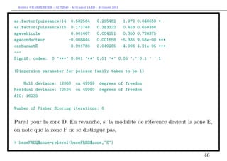 Arthur CHARPENTIER - ACT2040 - Actuariat IARD - Automne 2013
as.factor(puissance)14 0.582564 0.295482 1.972 0.048659 *
as.factor(puissance)15 0.173748 0.383322 0.453 0.650356
agevehicule 0.001467 0.004191 0.350 0.726375
ageconducteur -0.008844 0.001658 -5.335 9.58e-08 ***
carburantE -0.201780 0.049265 -4.096 4.21e-05 ***
---
Signif. codes: 0 ’***’ 0.001 ’**’ 0.01 ’*’ 0.05 ’.’ 0.1 ’ ’ 1
(Dispersion parameter for poisson family taken to be 1)
Null deviance: 12680 on 49999 degrees of freedom
Residual deviance: 12524 on 49980 degrees of freedom
AIC: 16235
Number of Fisher Scoring iterations: 6
Pareil pour la zone D. En revanche, si la modalité de référence devient la zone E,
on note que la zone F ne se distingue pas,
> baseFREQ$zone=relevel(baseFREQ$zone,"E")
46
 