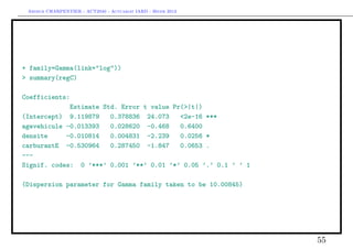 Arthur CHARPENTIER - ACT2040 - Actuariat IARD - Hiver 2013




+ family=Gamma(link="log"))
> summary(regC)

Coefficients:
             Estimate Std. Error t value Pr(>|t|)
(Intercept) 9.119879    0.378836 24.073    <2e-16 ***
agevehicule -0.013393   0.028620 -0.468    0.6400
densite     -0.010814   0.004831 -2.239    0.0256 *
carburantE -0.530964    0.287450 -1.847    0.0653 .
---
Signif. codes: 0 ’***’ 0.001 ’**’ 0.01 ’*’ 0.05 ’.’ 0.1 ’ ’ 1

(Dispersion parameter for Gamma family taken to be 10.00845)




                                                                55
 