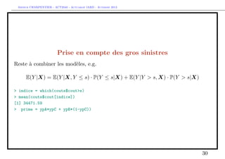 Arthur CHARPENTIER - ACT2040 - Actuariat IARD - Automne 2013

Prise en compte des gros sinistres
Reste à combiner les modèles, e.g.
E(Y |X) = E(Y |X, Y ≤ s) · P(Y ≤ s|X) + E(Y |Y > s, X) · P(Y > s|X)
> indice = which(couts$cout>s)
> mean(couts$cout[indice])
[1] 34471.59
> prime = ypA*ypC + ypB*(1-ypC))

30

 