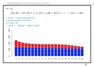 Arthur CHARPENTIER - ACT2040 - Actuariat IARD - Automne 2013

ou, e.g.
E(Y |X) = E(Y |X, Y ≤ s) · P(Y ≤ s|X) + E(Y |Y > s, X) · P(Y > s|X)
> indice = which(couts$cout>s)
> mean(couts$cout[indice])
[1] 34471.59
> prime = ypA*ypC + ypB2*(1-ypC))

32

 