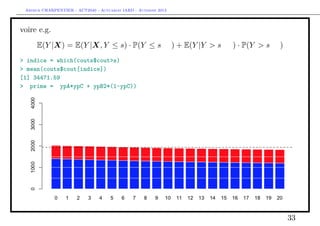 Arthur CHARPENTIER - ACT2040 - Actuariat IARD - Automne 2013

voire e.g.
E(Y |X) = E(Y |X, Y ≤ s) · P(Y ≤ s|X) + E(Y |Y > s, X) · P(Y > s|X)
> indice = which(couts$cout>s)
> mean(couts$cout[indice])
[1] 34471.59
> prime = ypA*ypC + ypB2*(1-ypC))

33

 