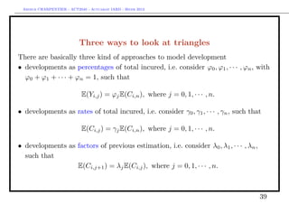 Arthur CHARPENTIER - ACT2040 - Actuariat IARD - Hiver 2013




                           Three ways to look at triangles
There are basically three kind of approaches to model development
• developments as percentages of total incured, i.e. consider ϕ0 , ϕ1 , · · · , ϕn , with
  ϕ0 + ϕ1 + · · · + ϕn = 1, such that

                            E(Yi,j ) = ϕj E(Ci,n ), where j = 0, 1, · · · , n.

• developments as rates of total incured, i.e. consider γ0 , γ1 , · · · , γn , such that

                            E(Ci,j ) = γj E(Ci,n ), where j = 0, 1, · · · , n.

• developments as factors of previous estimation, i.e. consider λ0 , λ1 , · · · , λn ,
  such that
                  E(Ci,j+1 ) = λj E(Ci,j ), where j = 0, 1, · · · , n.



                                                                                         39
 
