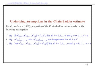 Arthur CHARPENTIER - ACT2040 - Actuariat IARD - Hiver 2013




    Underlying assumptions in the Chain-Ladder estimate
Recall, see Mack (1993), properties of the Chain-Ladder estimate rely on the
following assumptions

 H1

          E (Ci,j+1 |Ci,1 , ..., Ci,j ) = λj .Cij for all i = 0, 1, .., n and j = 0, 1, ..., n − 1
    H2     (Ci,j )j=1,...,n and (Ci ,j )j=1,...,n are independent for all i = i .

                                                  2
    H3     Var (Ci,j+1 |Ci,1 , ..., Ci,j ) = Ci,j σj for all i = 0, 1, ..., n and j = 0, 1, ..., n − 1





                                                                                               44
 