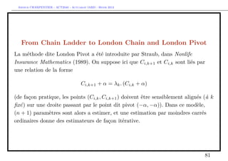 Arthur CHARPENTIER - ACT2040 - Actuariat IARD - Hiver 2013




  From Chain Ladder to London Chain and London Pivot
La méthode dite London Pivot a été introduite par Straub, dans Nonlife
Insurance Mathematics (1989). On suppose ici que Ci,k+1 et Ci,k sont liés par
une relation de la forme

                                      Ci,k+1 + α = λk . (Ci,k + α)

(de façon pratique, les points (Ci,k , Ci,k+1 ) doivent être sensiblement alignés (à k
ﬁxé) sur une droite passant par le point dit pivot (−α, −α)). Dans ce modèle,
(n + 1) paramètres sont alors a estimer, et une estimation par moindres carrés
ordinaires donne des estimateurs de façon itérative.




                                                                                  81
 