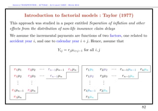 Arthur CHARPENTIER - ACT2040 - Actuariat IARD - Hiver 2013




           Introduction to factorial models : Taylor (1977)
This approach was studied in a paper entitled Separation of inﬂation and other
eﬀects from the distribution of non-life insurance claim delays
We assume the incremental payments are functions of two factors, one related to
accident year i, and one to calendar year i + j. Hence, assume that

                                        Yij = rj µi+j−1 for all i, j



  r1 µ1       r2 µ2     ···     rn−1 µn−1        rn µn          r1 µ1    r2 µ2   ···   rn−1 µn−1   rn µn
  r1 µ2       r2 µ3     ···      rn−1 µn                        r1 µ2    r2 µ3   ···    rn−1 µn
    .
    .           .
                .                                                 .
                                                                  .        .
                                                                           .
    .           .                                         et      .        .
 r1 µn−1      r2 µn                                            r1 µn−1   r2 µn
  r1 µn                                                         r1 µn

                                                                                                    82
 