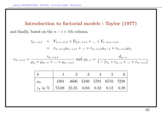 Arthur CHARPENTIER - ACT2040 - Actuariat IARD - Hiver 2013




           Introduction to factorial models : Taylor (1977)
and ﬁnally, based on the n − i + 1th column,

                γn−i+1       =     Y1,n−i+1 + Y2,n−i+1 + ... + Yi−1,n−i+1
                             =     rn−i+1 µn−i+1 + ... + rn−i+1 µn−1 + rn−i+1 µn

                        γn−i+1                                  dn−i
 rn−i+1 =                                and µk−i =
                µn + µn−1 + ... + µn−i+1            1 − [rn + rn−1 + ... + rn−i+1 ]


                     k                     1          2         3      4      5      6
                     µk               4391       4606 5240 5791 6710 7238
                     rk in %         73.08 25.25              0.93   0.32   0.12   0.29




                                                                                          85
 