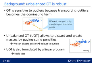 5 / 13 KYOTO UNIVERSITY
Background: unbalanced OT is robust

OT is sensitive to outliers because transporting outliers
be...
