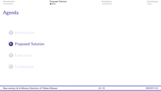 Introduction Proposed Solution Evaluation Conclusions
Agenda
1 Introduction
2 Proposed Solution
3 Evaluation
4 Conclusions
Near-memory & In-Memory Detection of Fileless Malware 10 / 23 MEMSYS’20
 