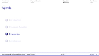Introduction Proposed Solution Evaluation Conclusions
Agenda
1 Introduction
2 Proposed Solution
3 Evaluation
4 Conclusions
Near-memory & In-Memory Detection of Fileless Malware 14 / 23 MEMSYS’20
 
